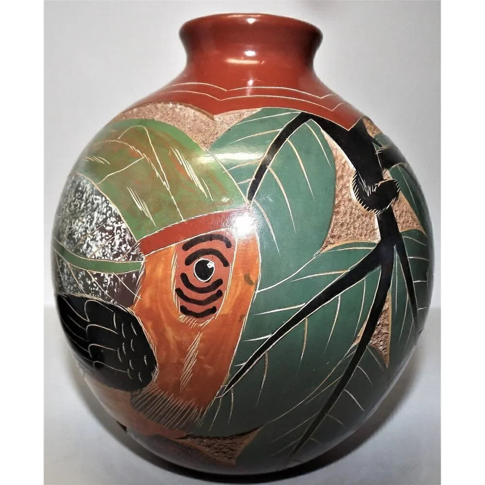 Hand Made South American Round Pottery Vase Signed Jungle Animals 7